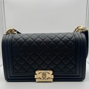 Authentic Chanel Black Quilted Leather Boy Bag with Gold Hardware Medium Sz